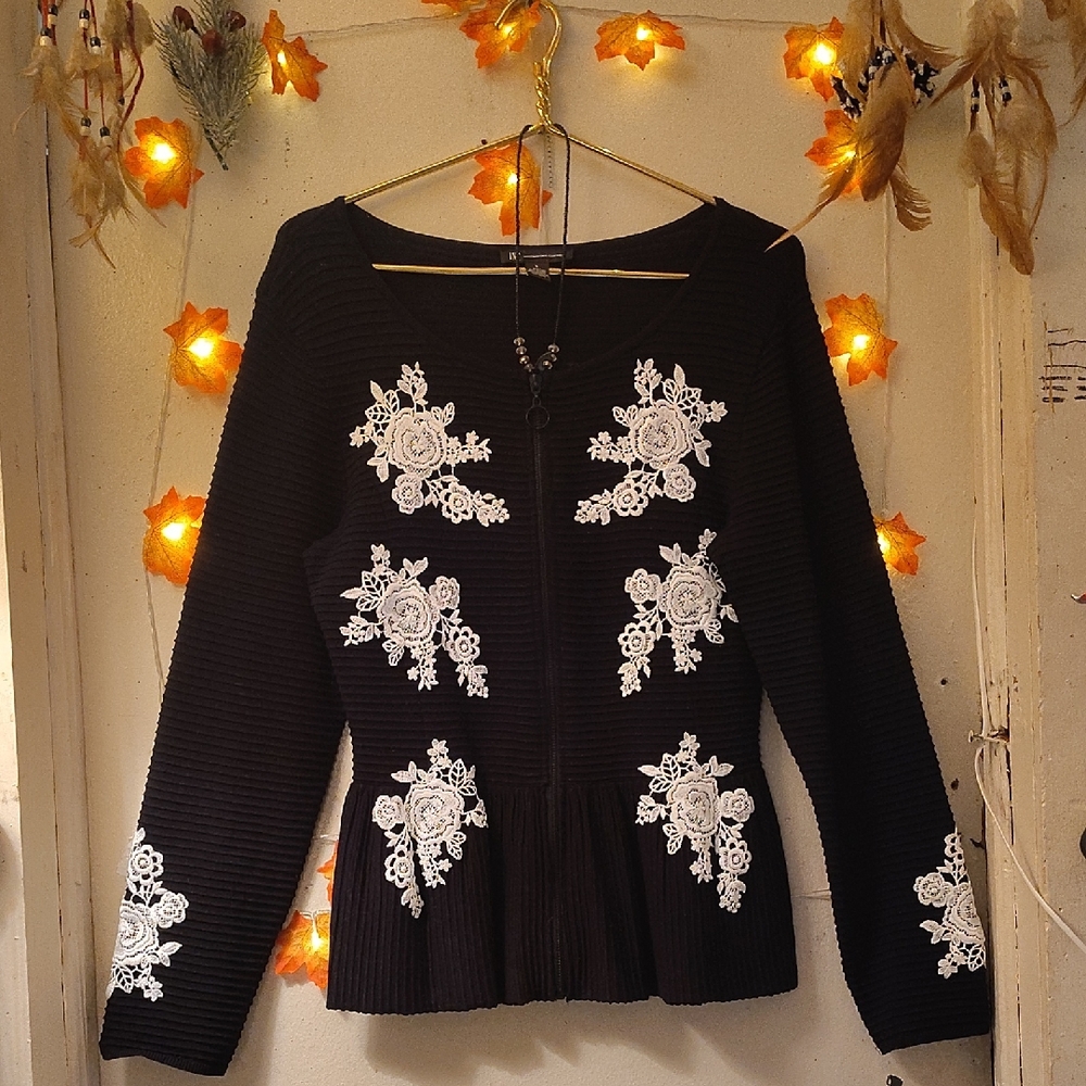 Elegant Black Top with White Floral Embroidery